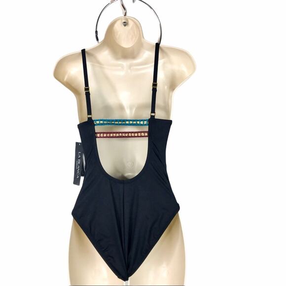 La Blanca NWT One Piece Boho Swimsuit Black & Blue Stitch Size 4 - Picture 7 of 11